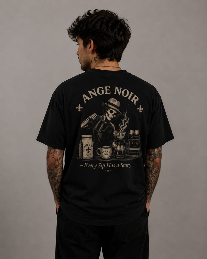 Man from behind wearing a black t-shirt with a skeleton brewing coffee design and "ANGE NOIR".